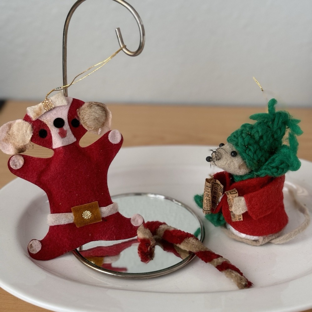 Vintage Felt & Styrofoam Christmas Ornament Lot Flat Red Puppy Mouse Candy Cane